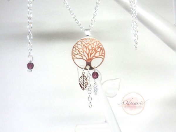 Collier arbre de vie estampes feuilles et perles or rose gold violet améthyste argenté collier mi-long par Odacassie les créations de Cassandre bijoux et accessoires faits main bijoux poétiques bohèmes romantiques