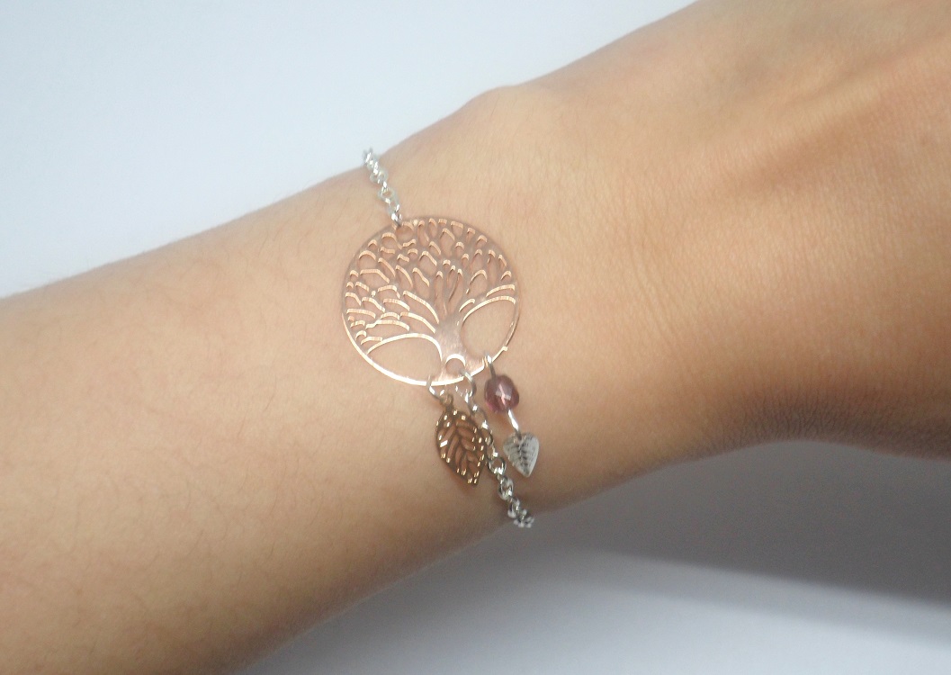 Odacassie_038-1_Bracelet_estampe_arbre_de_vie_feuilles_or_rose_gold_amethyste Bracelet arbre de vie feuilles et perles or rose gold argenté bijou en édition limitée par Odacassie les créations de Cassandre bijoux et accessoires faits main bijoux poétiques bohèmes romantiques