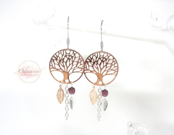 Boucles d'oreilles arbres de vie estampes feuilles perles en verre de Bohême rose gold argenté violet améthyste crochets acier inoxydable hypoallergénique par Odacassie les créations de Cassandre bijoux et accessoires faits main bijoux poétiques bohèmes romantiques