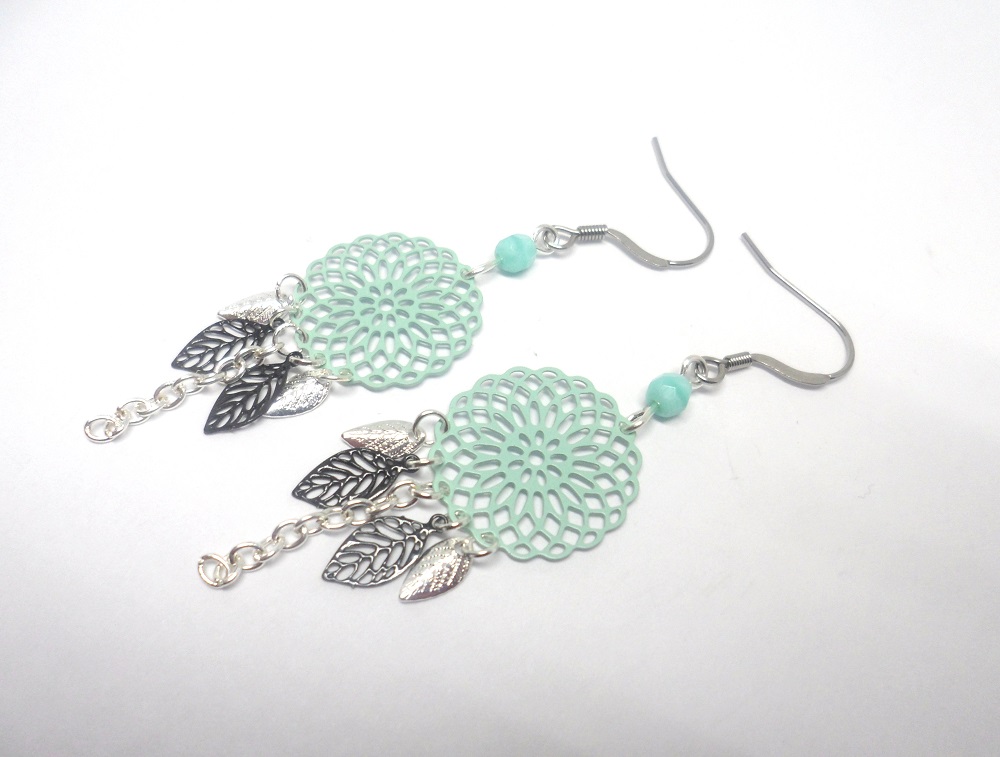 Odacassie_045-2_Bouclesdoreilles_rosaces_feuilles_vert_deau_menthe_turquoise_noir_argente