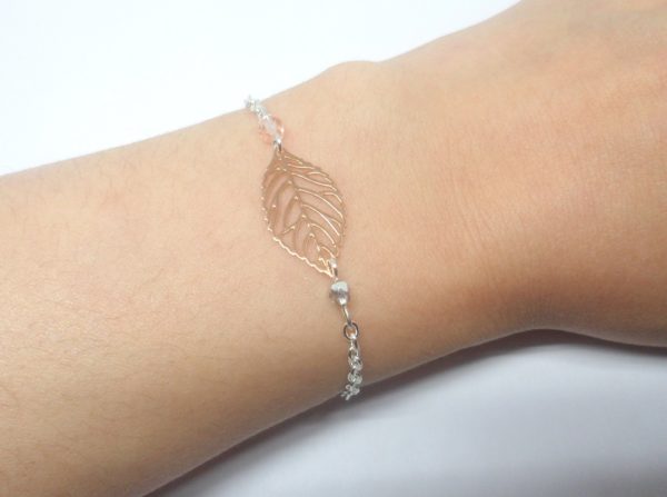 bracelet minimaliste feuilles perles estampes mariage cérémonie argenté rose gold rose