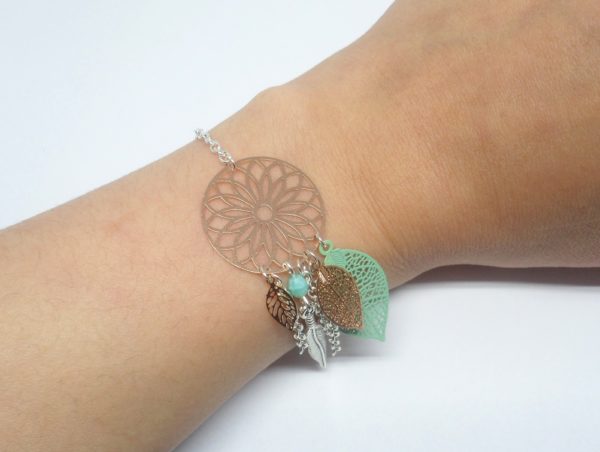 bracelet attrape-rêves dreamcatcher or rose gold argenté vert opale turquoise clair estampes plume perles