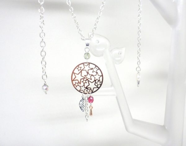 collier étoiles feuille goutte perles en verre de Bohême fines estampes or rose gold argenté fuchsia gris irisé Odacassie