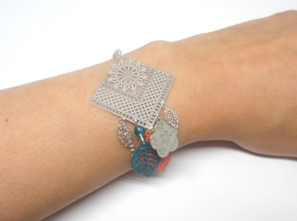 Bracelet losange fleurs feuilles corail vert émeraude argenté création Odacassie