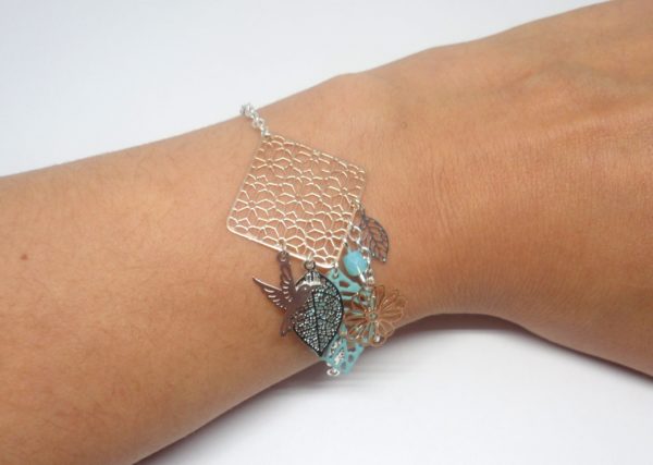 bracelet poétique losange fleurs oiseau feuilles or rose gold argenté turquoise clair bleu lagon argenté création Odacassie