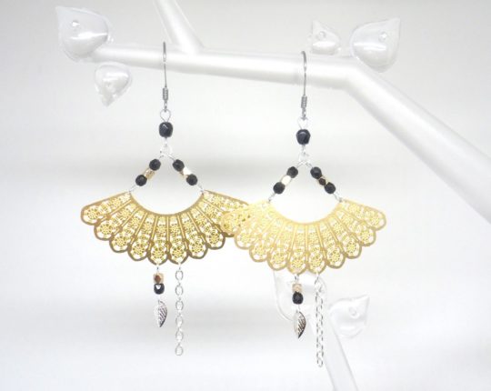 boucles d'oreilles éventails doré noir argenté japonisant asiatique estampes perles en verre de Bohême bijou édition limitée Odacassie