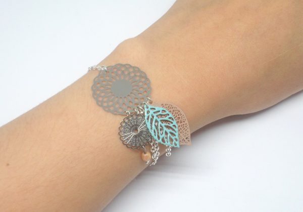 Bracelet acier inoxydable turquoise sable argenté estampes dreamcatcher attrape-rêves création édition limitée Odacassie