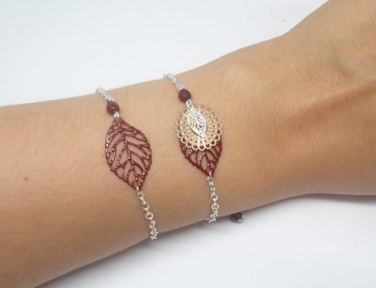 duo de bracelets bordeaux argenté or rose rose gold estampes feuilles rosaces perles création édition limitée Odacassie