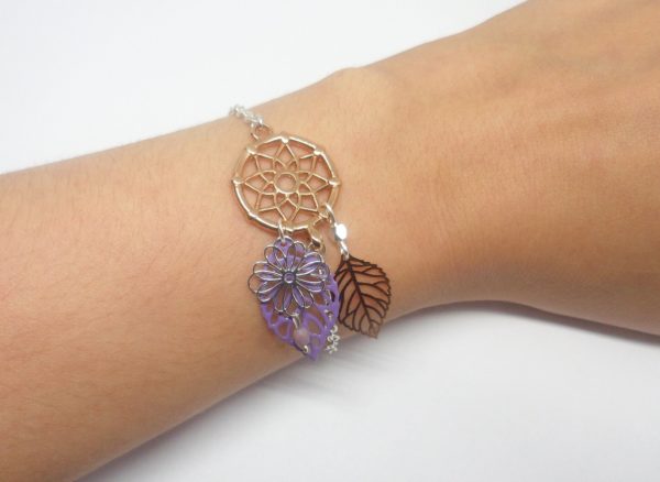 Bracelet attrape-rêve dreamcatcher bijou de tête feuilles fleur perles or rose rose gold argenté lilas mauve création édition limitée Odacassie