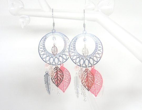 boucles d'oreilles attrape-rêves mariage argenté rose estampes