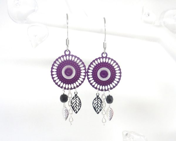 boucles d'oreilles rosaces violettes et noires