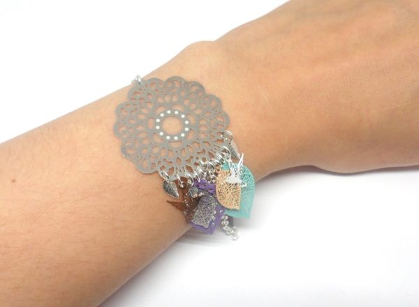 Bracelet oiseaux fleur feuilles estampes argenté turquoise lilas or rose acier inoxydable création édition limitée Odacassie