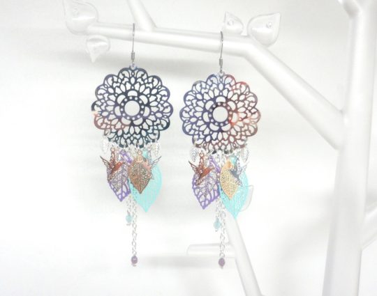 Boucles d'oreilles oiseaux fleurs feuilles estampes argenté turquoise lilas or rose acier inoxydable création édition limitée Odacassie