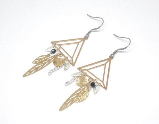 boucles d'oreilles triangles graphiques estampes doré noir argenté feuilles pièce unique Odacassie