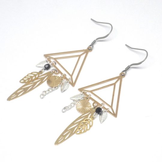 boucles d'oreilles triangles graphiques estampes doré noir argenté feuilles pièce unique Odacassie