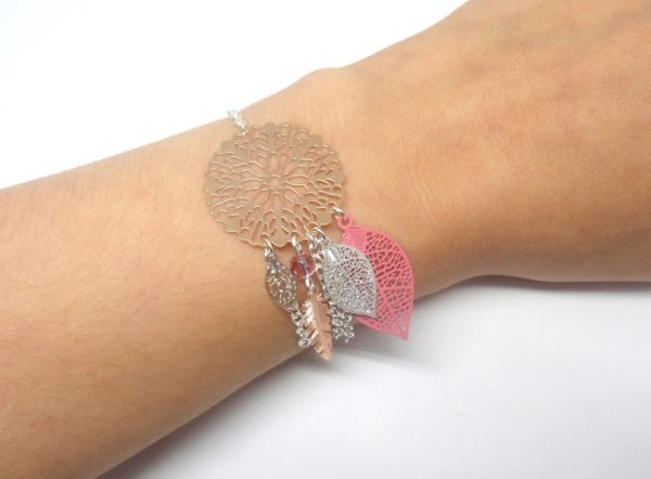 Bracelet rose gold argenté rose attrape-rêve dreamcatcher plume feuilles fleur création édition limitée Odacassie