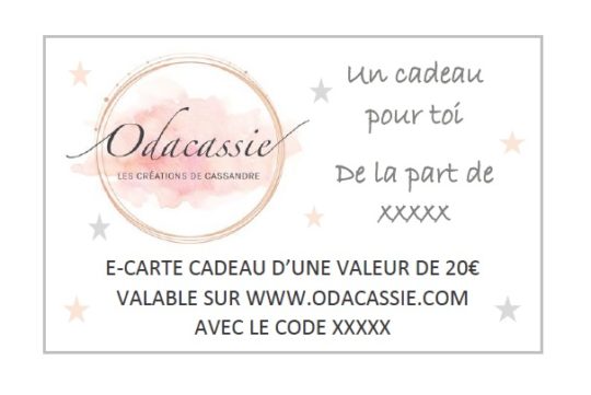 Carte cadeau bijoux et accessoires Odacassie 20 euros valable sur www.odacassie.com