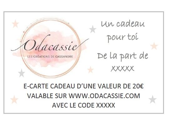 Carte cadeau bijoux et accessoires Odacassie 20 euros valable sur www.odacassie.com