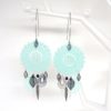 Grandes boucles d'oreilles dreamcatcher fines estampes vert opale vert d'eau argenté noir feuilles plumes pièce unique collection Noël 2017 Odacassie