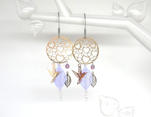 Boucles d'oreilles Saint Valentin coeurs oiseaux feuilles perles en verre de Bohême fines estampes doré lilas mauve argenté édition très limitée spéciale Saint Valentin par Odacassie bijoux et accessoires faits main