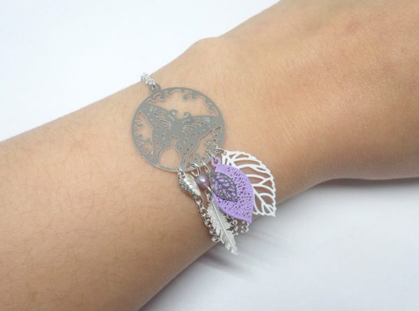 Bracelet papillon argenté mauve blanc acier inoxydable effet miroir esprit attrape-rêves tendance mariage cérémonie bijou édition limitée par Odacassie bijoux et accessoires faits main les créations de Cassandre