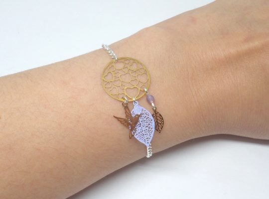 Bracelet Saint Valentin coeurs feuilles oiseau doré argenté mauve bleu lavande fines estampes édition très limitée par Odacassie les créations de Cassandre bijoux et accessoires faits main