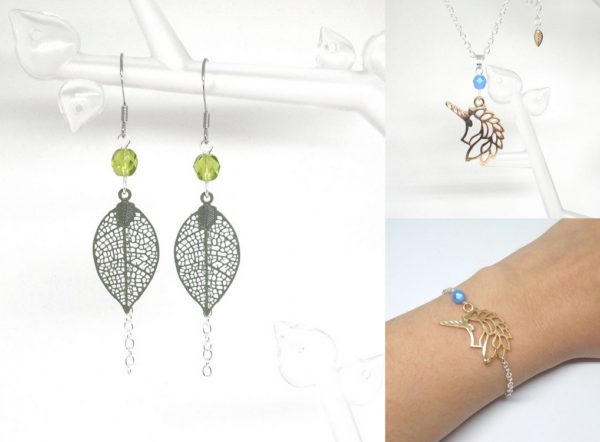 Commande personnalisée boucles d'oreilles vert kaki vert anis collier et bracelet licornes doré bleu relfets irisés bijoux faits main réalisés sur mesure par Odacassie les créations de Cassandre bijoux poétiques bohèmes romantiques