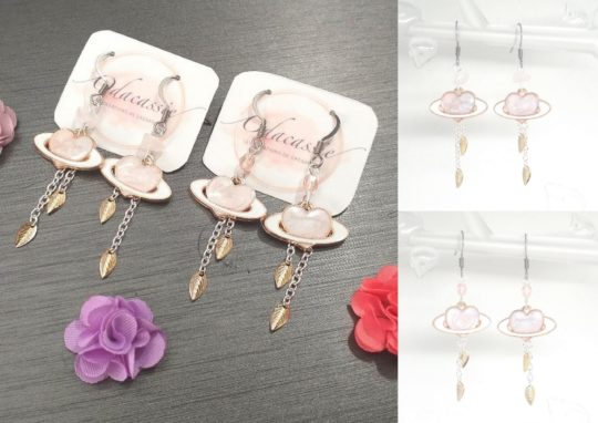 Boucles d'oreilles planètes coeurs galaxie doré argenté rose avec au choix perles en verre de Bohême ou chips de quartz rose collection Saint-Valentin par Odacassie les créations de Cassandre bijoux et accessoires faits main bijoux poétiques bijoux bohèmes bijoux romantiques idée cadeau femme