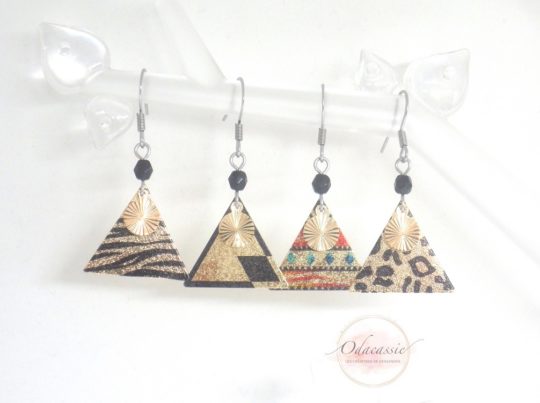 Boucles d'oreilles pailletées triangles doré motif au choix zèbre losange multicolore léopard collection fêtes de fin d'année 2019 5 crochets d'oreilles acier inoxydable édition limitée par Odacassie les créations de Cassandre bijoux et accessoires faits main bijoux poétiques bijoux bohèmes bijoux romantiques idée cadaeau femme idée cadeau femme Noël