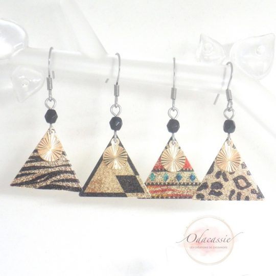 Boucles d'oreilles pailletées triangles doré motif au choix zèbre losange multicolore léopard collection fêtes de fin d'année 2019 5 crochets d'oreilles acier inoxydable édition limitée par Odacassie les créations de Cassandre bijoux et accessoires faits main bijoux poétiques bijoux bohèmes bijoux romantiques idée cadaeau femme idée cadeau femme Noël