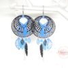 Boucles d'oreilles chats bleu roi bleu turquoise noir et argenté avec fines estampes rosaces chats feuilles et plumes et perles en verre de Bohême crochets en acier inoxydable pièce unique attrape-rêves dreamcatcher par Odacassie les créations de Cassandre bijoux et accessoires faits main bijoux poétiques bijoux bohèmes bijoux romantiques idée cadeau femme