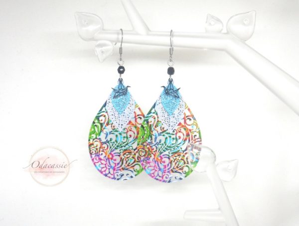 Boucles d'oreilles gouttes multicolores estampes feuilles et oiseaux origami perles par Odacassie