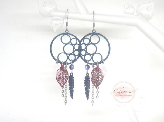 Boucles d'oreilles ronds cercles bleu foncé bordeaux rose pâle par Odacassie