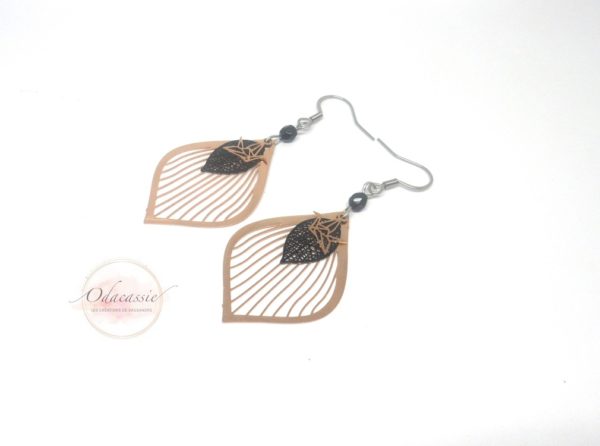 Boucles d'oreilles gouttes stylisées or rose noir argenté acier inoxydable fines estampes feuilles et oiseaux origami par Odacassie