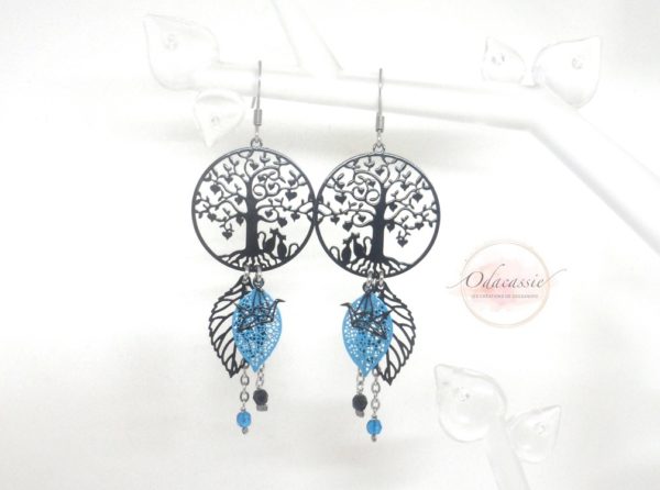 Boucles d'oreilles chats et arbres de vie noir bleu turquoise oiseaux origami acier inoxydable par Odacassie