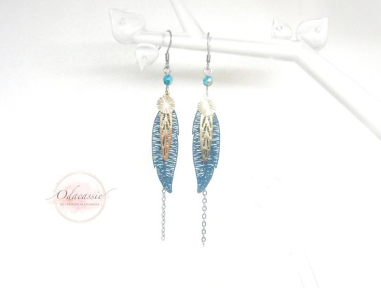 Boucles d'oreilles feuilles bleu sarcelle métal doré acier inoxydable par Odacassie