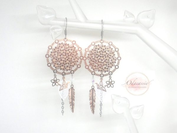 Boucles d'oreilles dreamcatcher blanc or rose fines estampes acier inoxydable par Odacassie