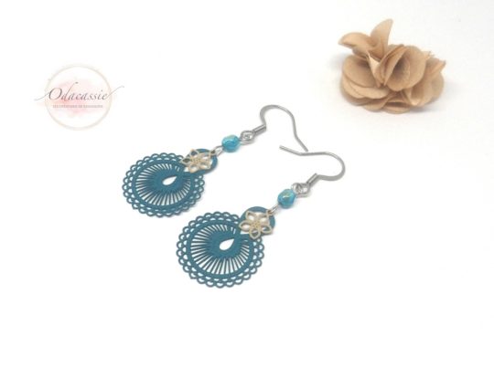 Boucles d'oreilles petits chandeliers bleu sarcelle pièce unique par Odacassie les créations de Cassandre