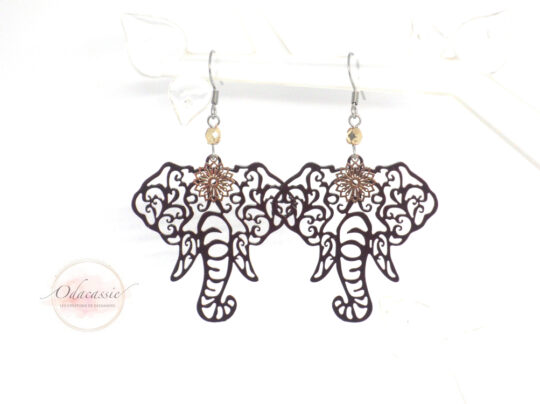 Boucles d'oreilles têtes d'éléphants bordeaux marron doré par Odacassie