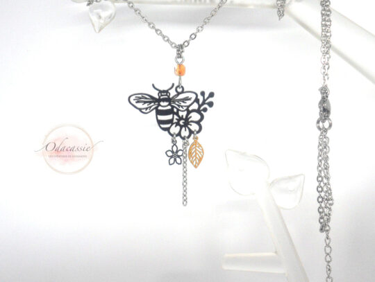 Collier abeille fleurs feuille collier ou sautoir au choix noir orange moutarde acier inox par Odacassie