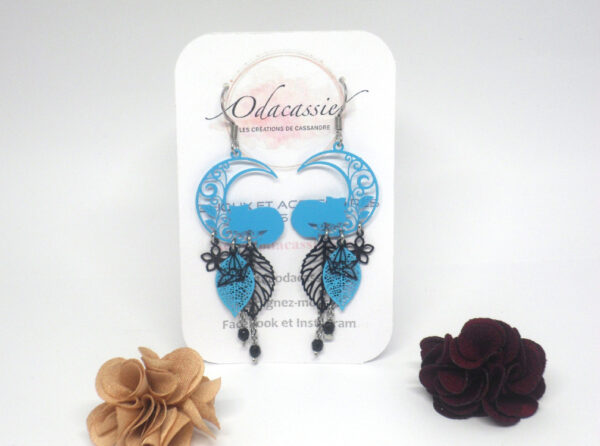 Boucles d'oreilles chats turquoise sur la lune bleu turquoise noir fleurs feuilles oiseaux origami acier inoxydable par Odacassie