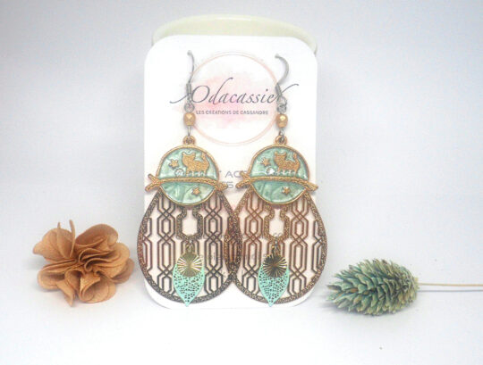 Boucles d'oreilles gouttes et chats doré turquoise clair vert d'eau par Odacassie