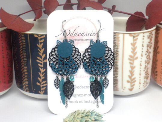 Boucles d'oreilles chats bleu canard noir attrape-rêves par Odacassie