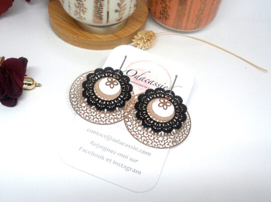 Boucles d'oreilles triples estampes noir or rose par Odacassie