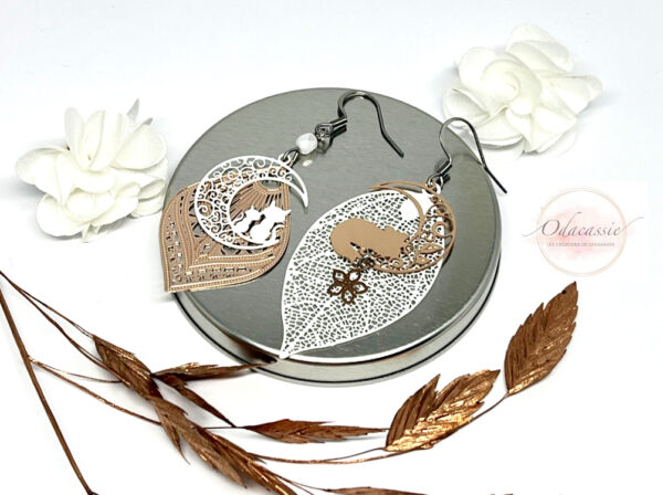 Boucles d'oreilles chats rose gold blanc argenté feuilles fleurs perles boucles asymétriques par Odacassie