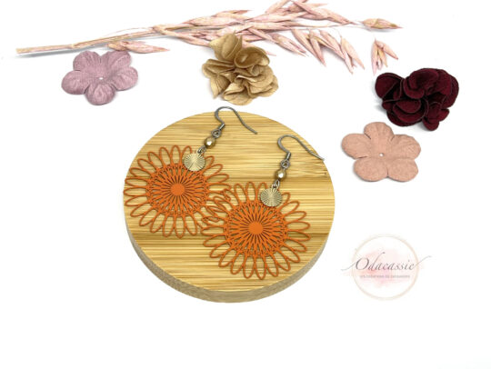 Boucles d'oreilles tournesols oranges sequins dorés par Odacassie