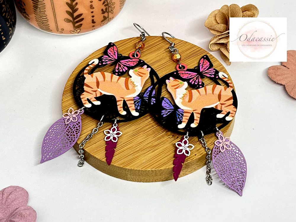 Boucles d'oreilles attrape-rêves chats fleurs feuilles Odacassie