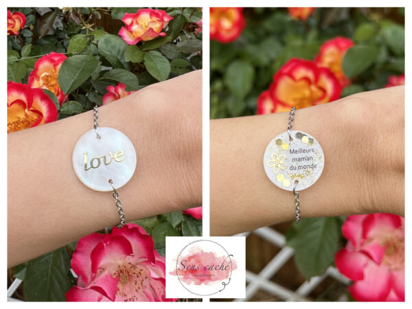 Bracelet love réversible et personnalisable texte au choix nacre acier inoxydable résine par Odacassie