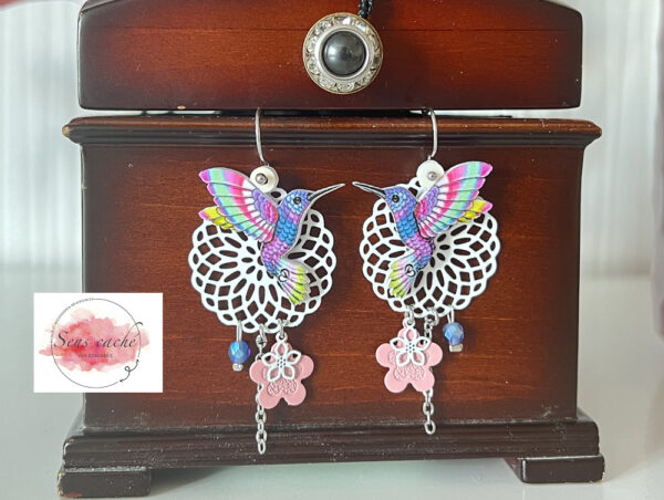 Boucles d'oreilles réversibles colibris personnalisables attrape-rêves fleurs acier inoxydable résine acrylique par Odacassie