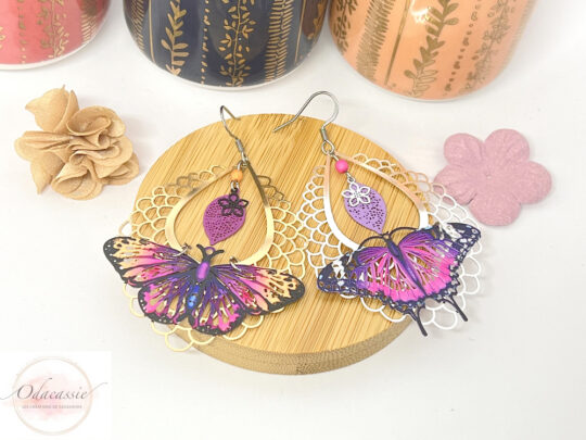 Boucles d'oreilles dentelle et papillons au choix version dorée ou argentée estampes fleurs feuilles perles par Odacassie